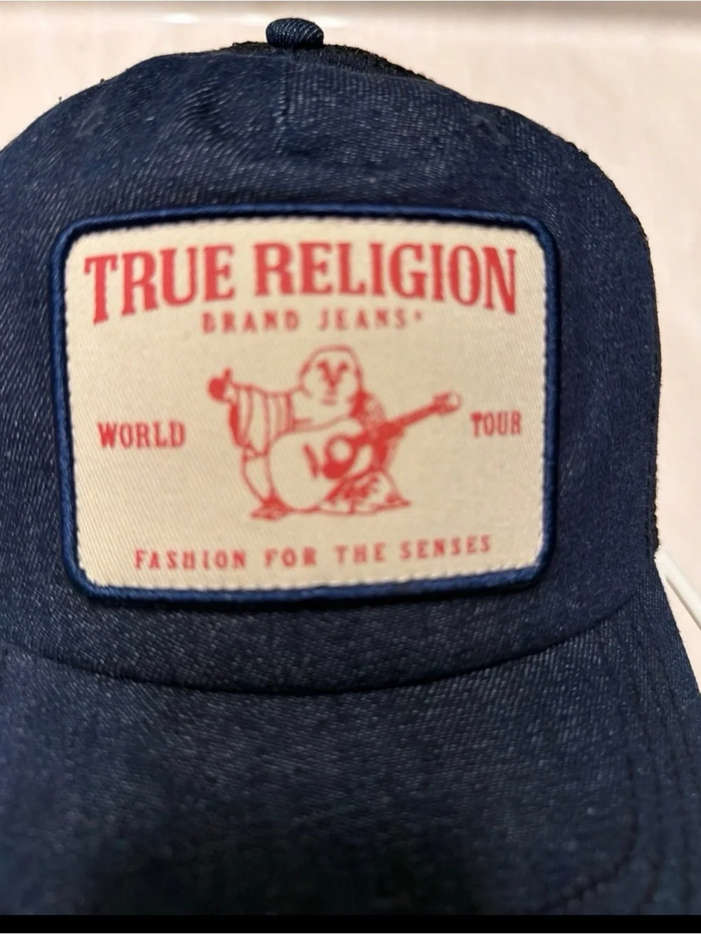 True Religion Navy Blue Denim Cap with Cream Patch and Red Logo
